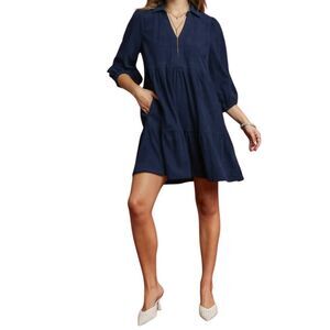 Navy Blue Women's Corduroy Dress Pockets Half Sleeve A-Line sz Small